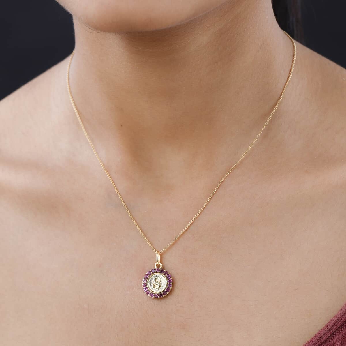 Orissa Rhodolite Garnet Initial S Medallion Initial Pendant Necklace 20 Inches in Vermeil Yellow Gold Over Sterling Silver 1.00 ctw image number 2