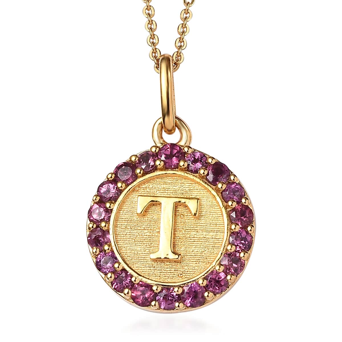 Orissa Rhodolite Garnet Initial T Medallion Initial Pendant Necklace 20 Inches in Vermeil Yellow Gold Over Sterling Silver 1.00 ctw image number 0