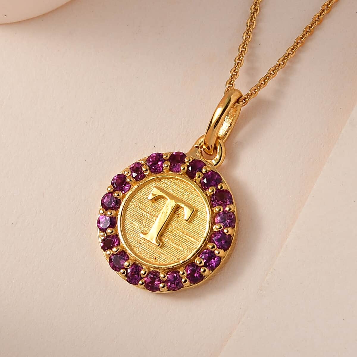 Orissa Rhodolite Garnet Initial T Medallion Initial Pendant Necklace 20 Inches in Vermeil Yellow Gold Over Sterling Silver 1.00 ctw image number 1