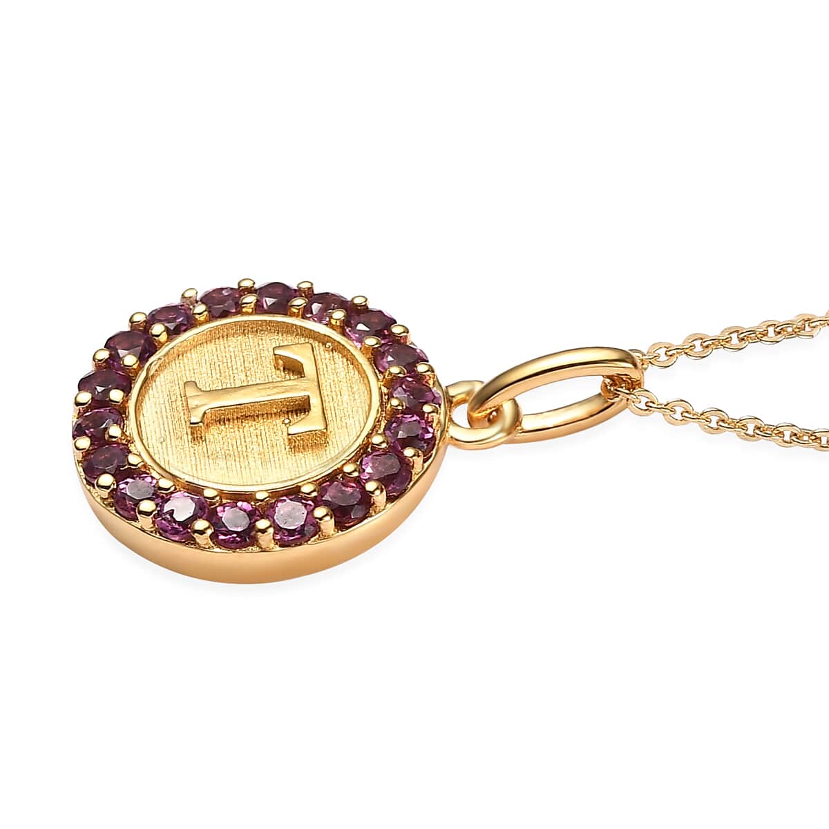 Orissa Rhodolite Garnet Initial T Medallion Initial Pendant Necklace 20 Inches in Vermeil Yellow Gold Over Sterling Silver 1.00 ctw image number 3