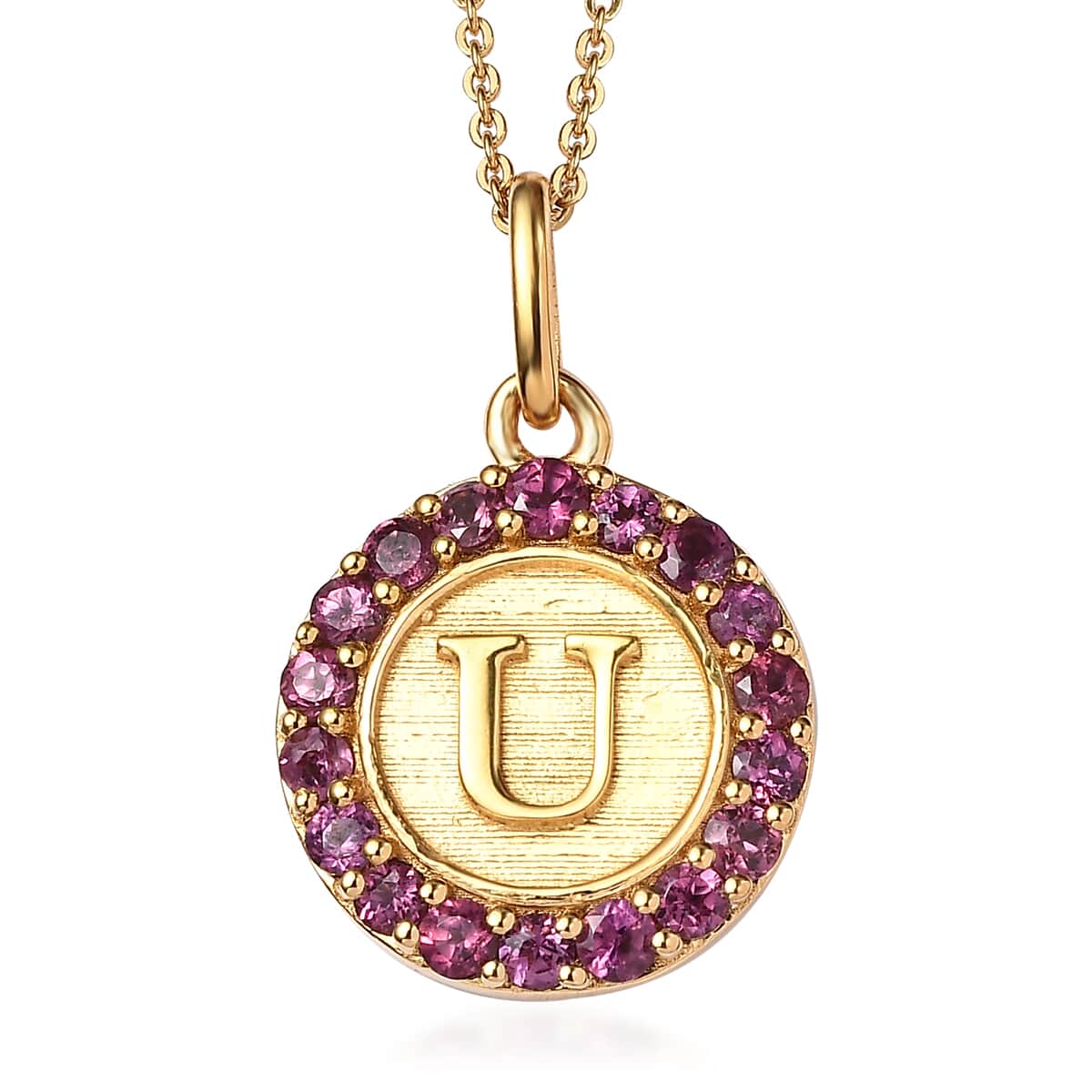 Orissa Rhodolite Garnet Initial U Medallion Initial Pendant Necklace 20 Inches in Vermeil Yellow Gold Over Sterling Silver 1.00 ctw image number 0