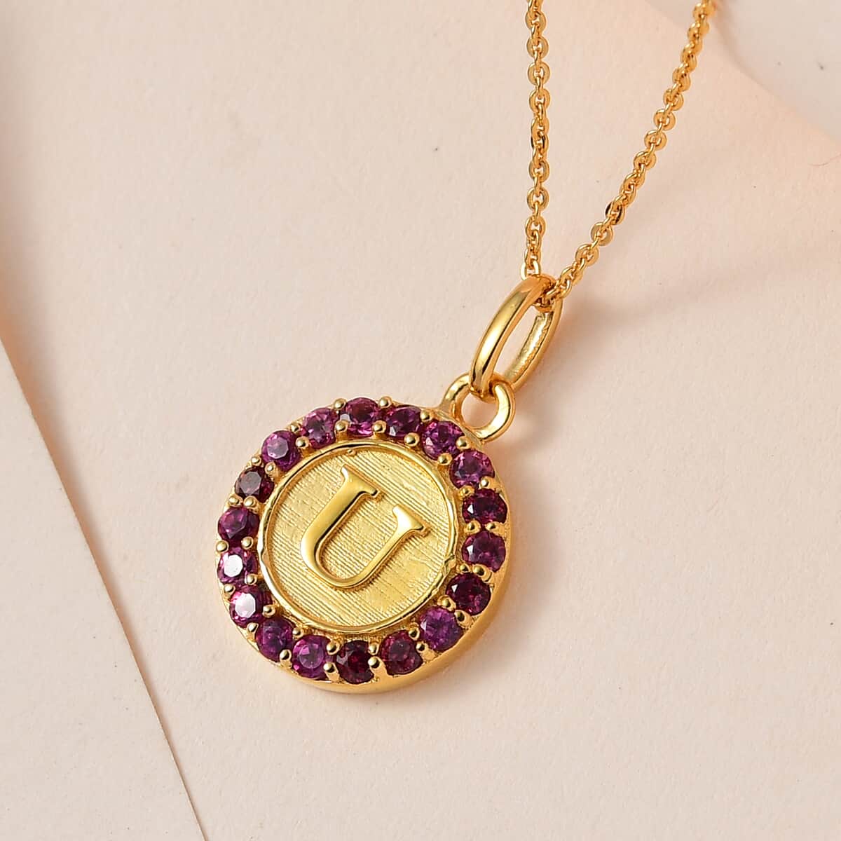 Orissa Rhodolite Garnet Initial U Medallion Initial Pendant Necklace 20 Inches in Vermeil Yellow Gold Over Sterling Silver 1.00 ctw image number 1