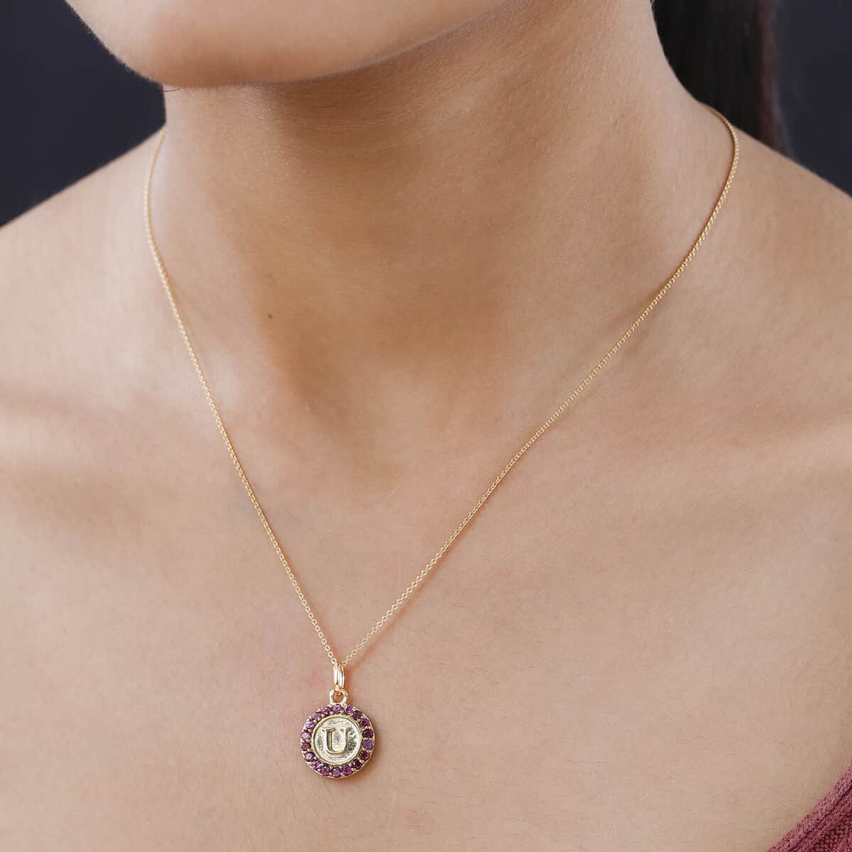 Orissa Rhodolite Garnet Initial U Medallion Initial Pendant Necklace 20 Inches in Vermeil Yellow Gold Over Sterling Silver 1.00 ctw image number 2