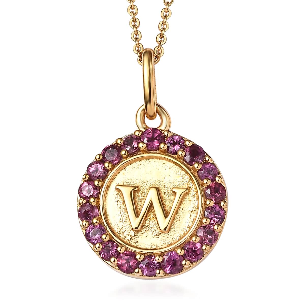 Orissa Rhodolite Garnet Initial W Medallion Initial Pendant Necklace 20 Inches in Vermeil Yellow Gold Over Sterling Silver 1.00 ctw image number 0