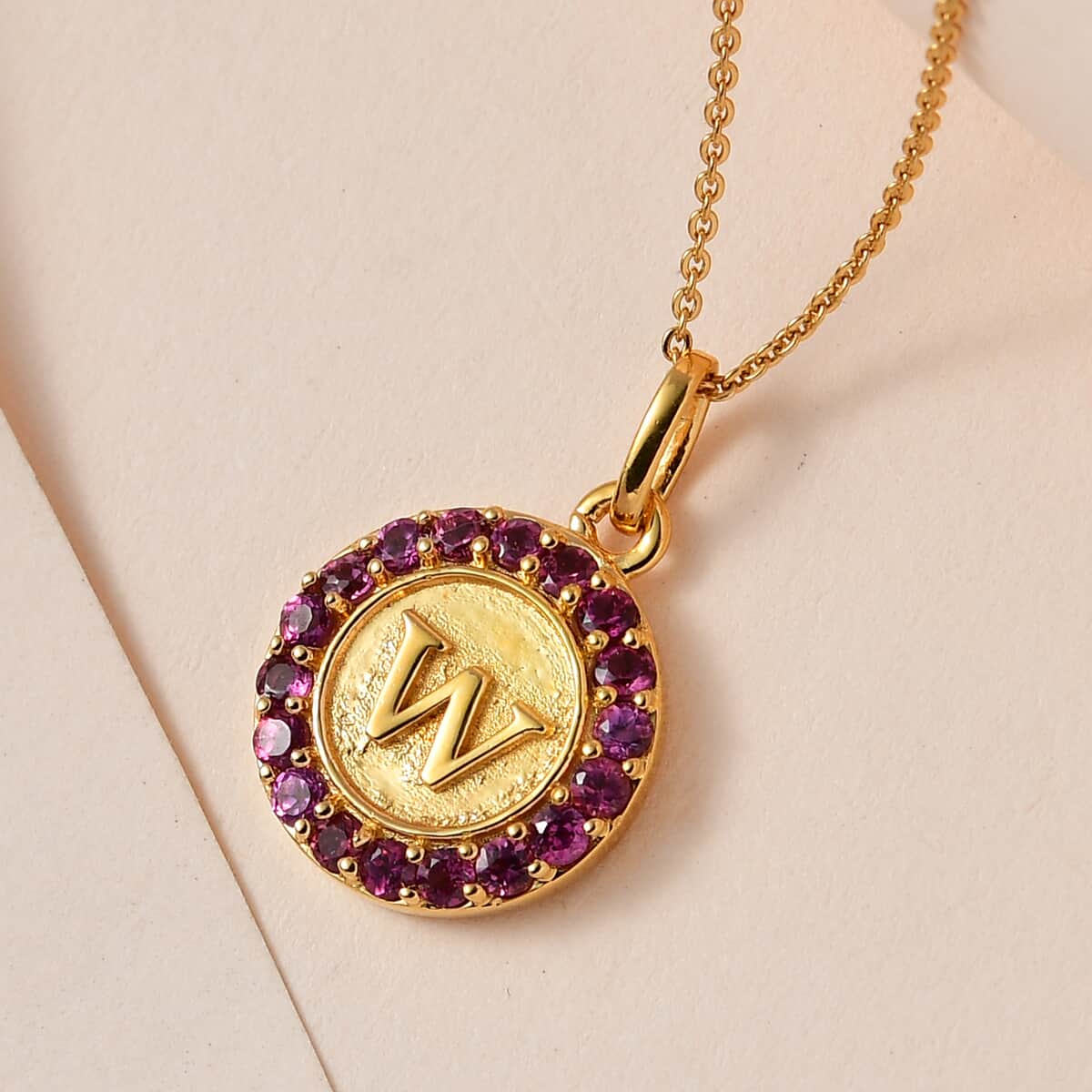 Orissa Rhodolite Garnet Initial W Medallion Initial Pendant Necklace 20 Inches in Vermeil Yellow Gold Over Sterling Silver 1.00 ctw image number 1