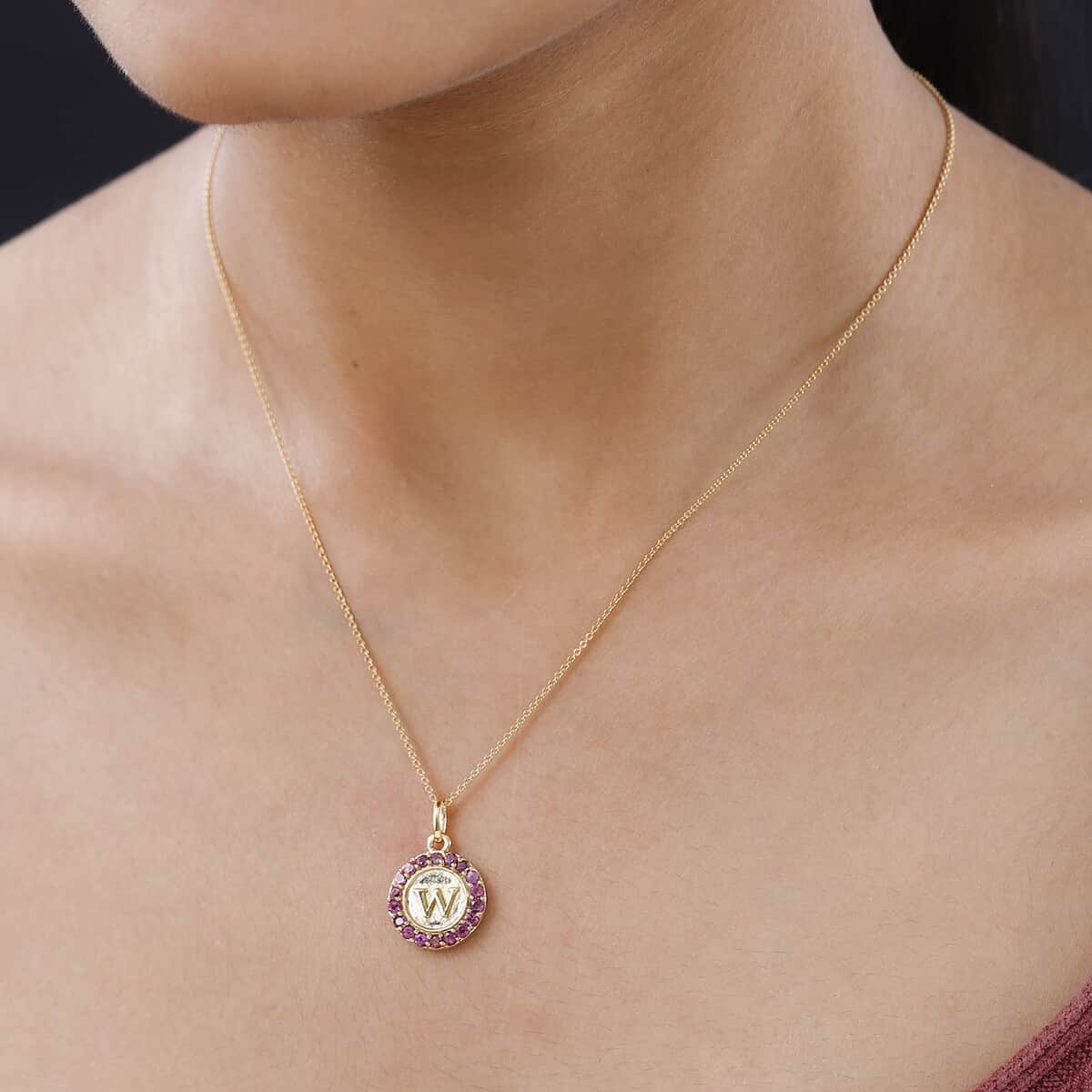 Orissa Rhodolite Garnet Initial W Medallion Initial Pendant Necklace 20 Inches in Vermeil Yellow Gold Over Sterling Silver 1.00 ctw image number 2