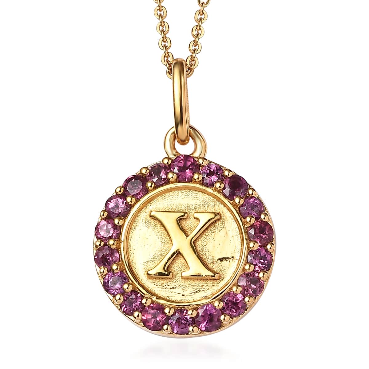 Orissa Rhodolite Garnet Initial X Medallion Initial Pendant Necklace 20 Inches in Vermeil Yellow Gold Over Sterling Silver 1.00 ctw image number 0