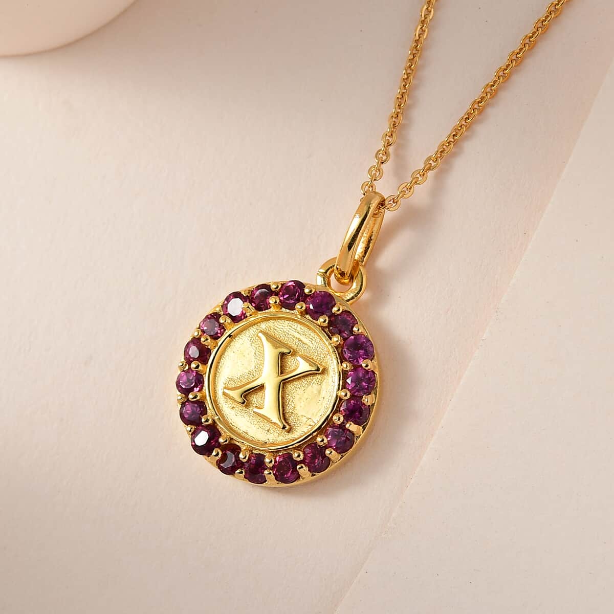 Orissa Rhodolite Garnet Initial X Medallion Initial Pendant Necklace 20 Inches in Vermeil Yellow Gold Over Sterling Silver 1.00 ctw image number 1