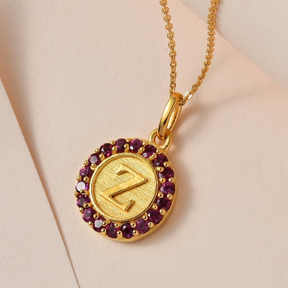 Orissa Rhodolite Garnet Initial Z Medallion Initial Pendant Necklace 20 Inches in Vermeil Yellow Gold Over Sterling Silver 1.00 ctw image number 1