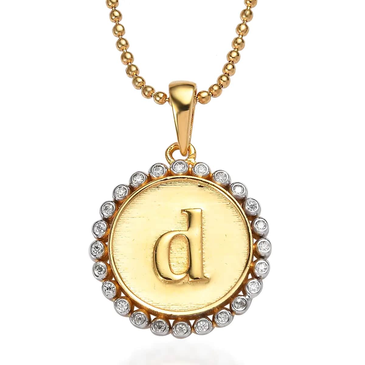 Moissanite Medallion Coin Initial D Pendant Necklace 20 Inches in Vermeil YG and Platinum Over Sterling Silver 0.12 ctw image number 0