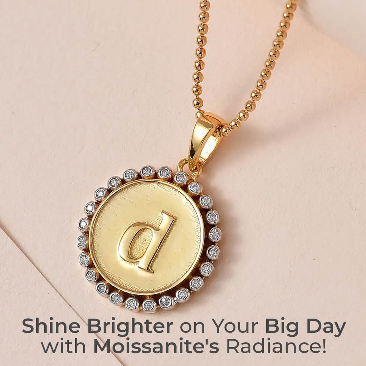 Mother’s Day Gift Moissanite Medallion Coin Initial D Pendant Necklace 20 Inches in Vermeil YG and Platinum Over Sterling Silver 0.12 ctw image number 1