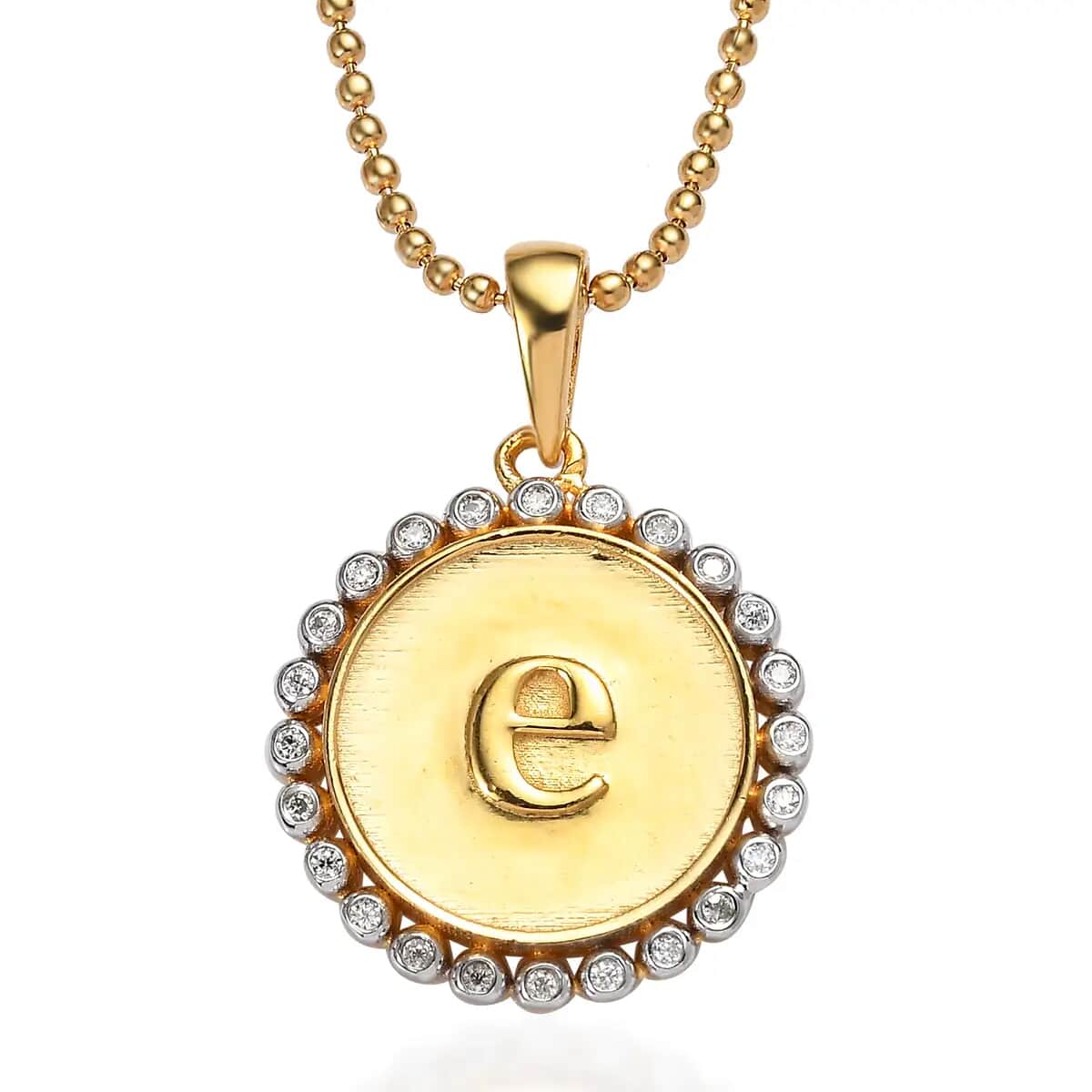 Moissanite 0.10 ctw Medallion Coin Initial E Pendant Necklace in Vermeil YG and Platinum Over Sterling Silver 20 Inches image number 0