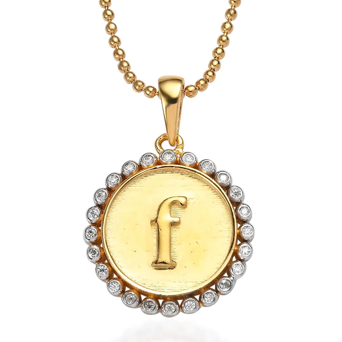 Moissanite Medallion Coin Initial F Pendant Necklace 20 Inches in Vermeil YG and Platinum Over Sterling Silver 0.10 ctw image number 0