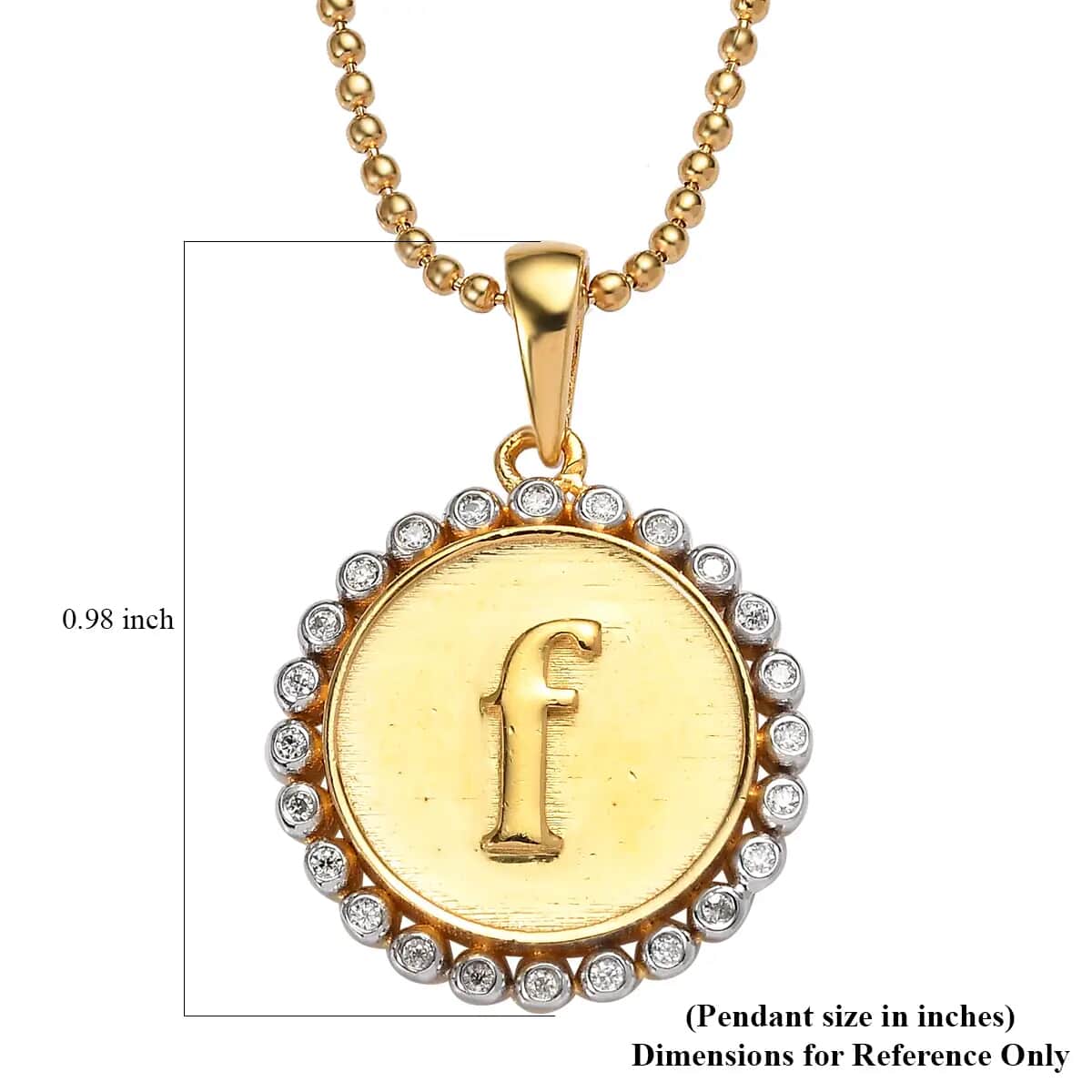Moissanite Medallion Coin Initial F Pendant Necklace 20 Inches in Vermeil YG and Platinum Over Sterling Silver 0.10 ctw image number 6