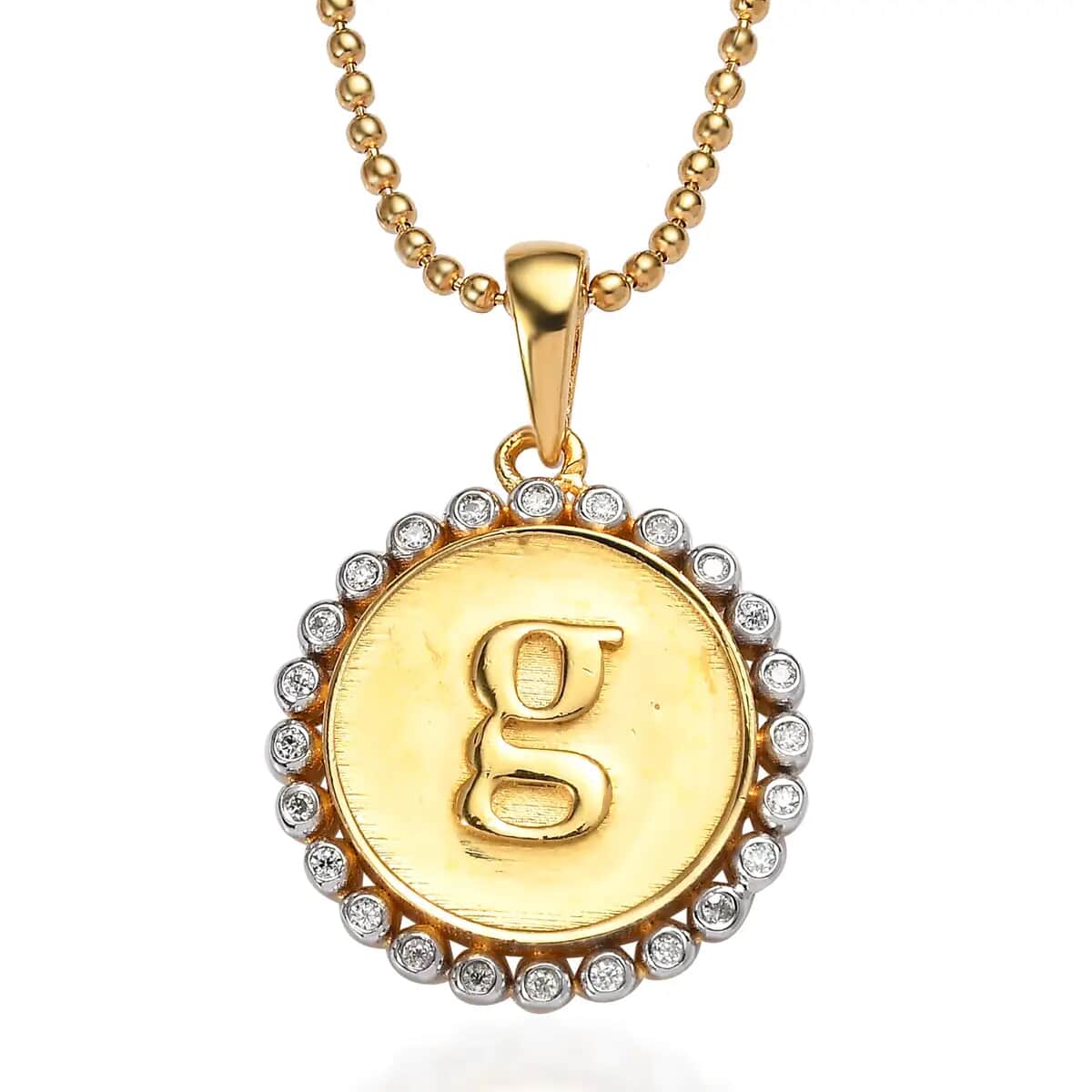 Moissanite 0.10 ctw Medallion Coin Initial G Pendant Necklace in Vermeil YG and Platinum Over Sterling Silver 20 Inches image number 0