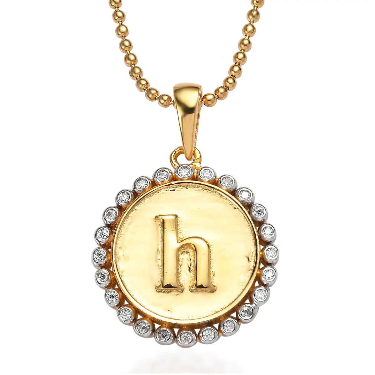 Moissanite 0.10 ctw Medallion Coin Initial H Pendant Necklace in Vermeil YG and Platinum Over Sterling Silver 20 Inches image number 0