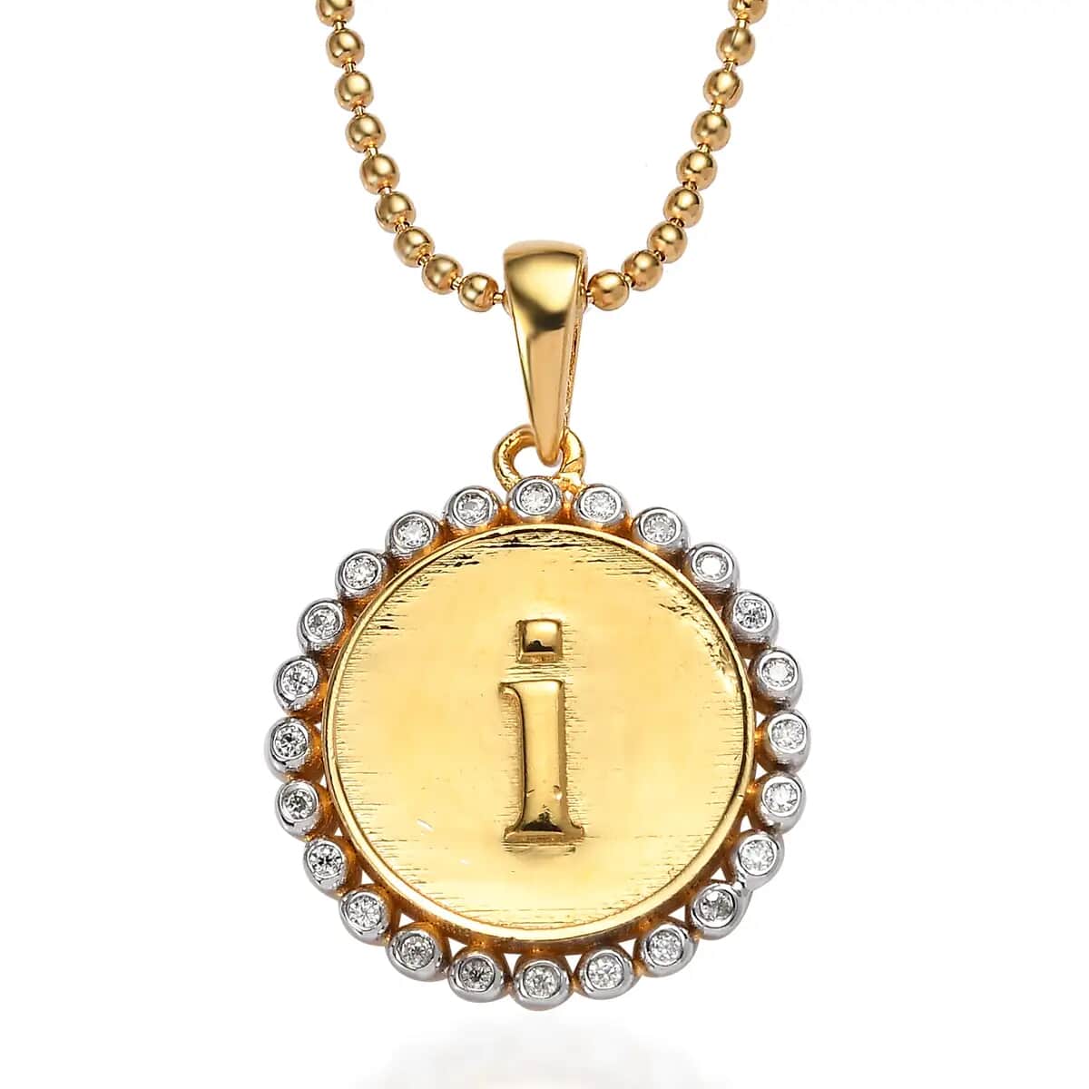 Moissanite Medallion Coin Initial I Pendant Necklace 20 Inches in Vermeil YG and Platinum Over Sterling Silver 0.10 ctw image number 0