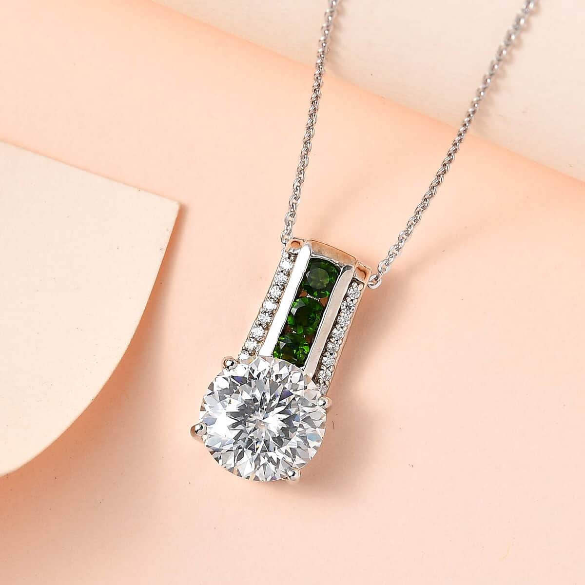 120 Facets Moissanite and Chrome Diopside Pendant Necklace 20 Inches in Platinum Over Sterling Silver 3.85 ctw image number 1