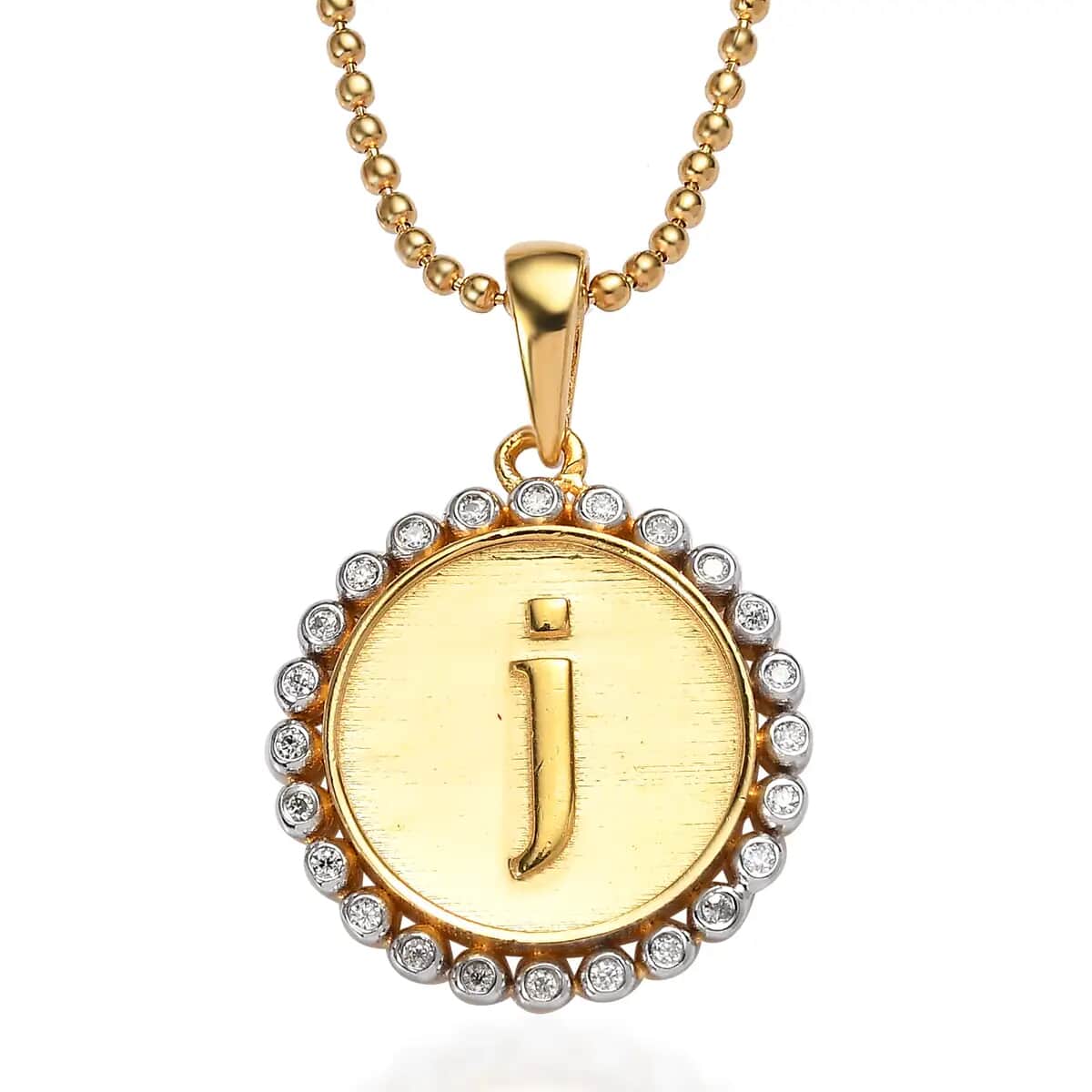Moissanite 0.10 ctw Medallion Coin Initial J Pendant Necklace in Vermeil YG and Platinum Over Sterling Silver 20 Inches image number 0
