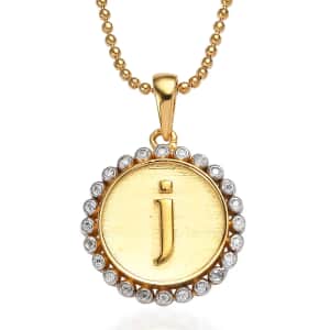 Moissanite Medallion Coin Initial J Pendant Necklace 20 Inches in Vermeil YG and Platinum Over Sterling Silver 0.10 ctw