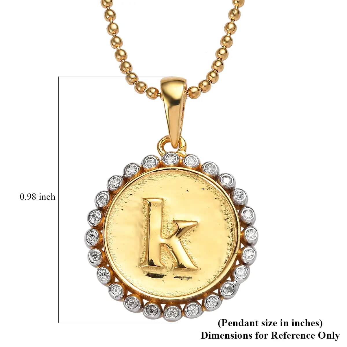 Moissanite 0.10 ctw Medallion Coin Initial K Pendant Necklace in Vermeil YG and Platinum Over Sterling Silver 20 Inches image number 6