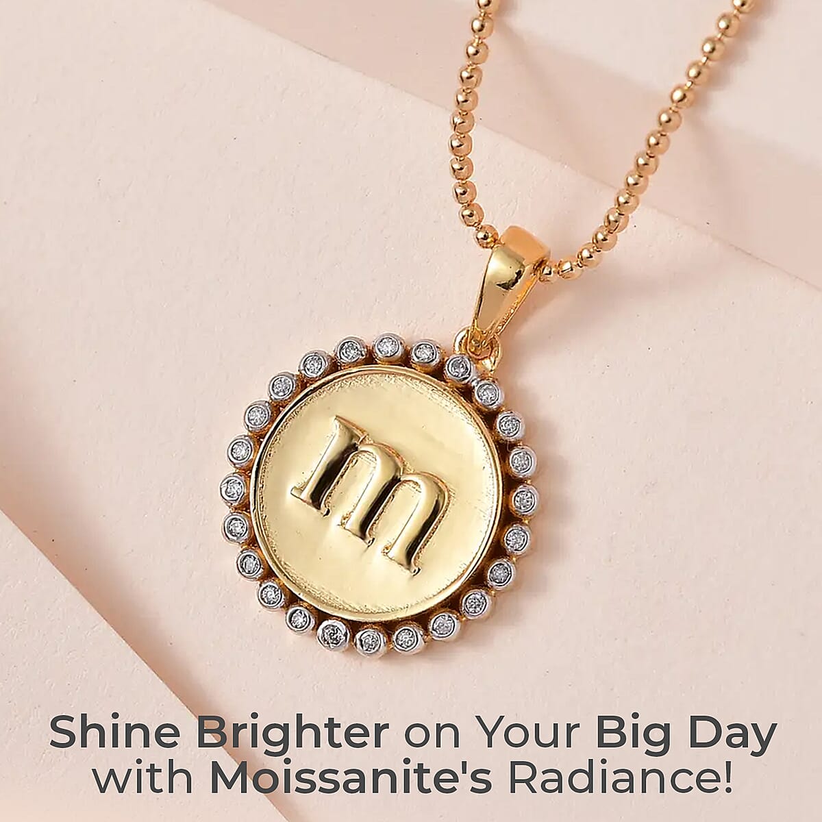 Moissanite Medallion Coin Initial M Pendant Necklace 20 Inches in Vermeil YG and Platinum Over Sterling Silver 0.10 ctw image number 1
