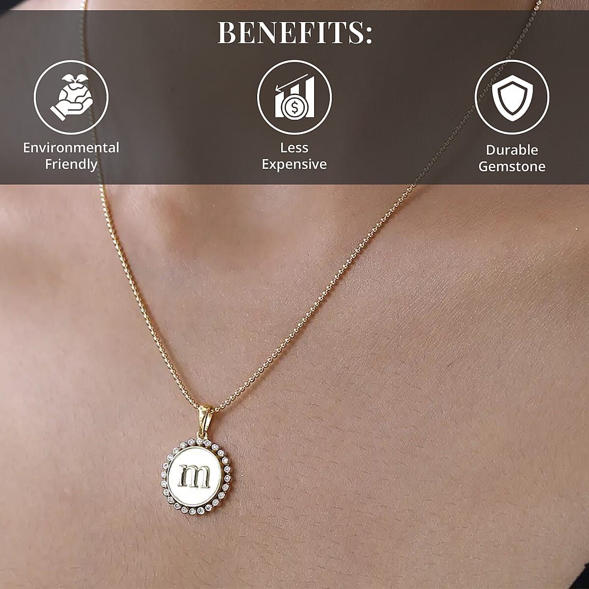 Moissanite Medallion Coin Initial M Pendant Necklace 20 Inches in Vermeil YG and Platinum Over Sterling Silver 0.10 ctw image number 3