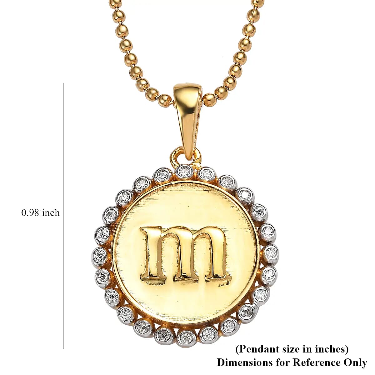 Moissanite Medallion Coin Initial M Pendant Necklace 20 Inches in Vermeil YG and Platinum Over Sterling Silver 0.10 ctw image number 6