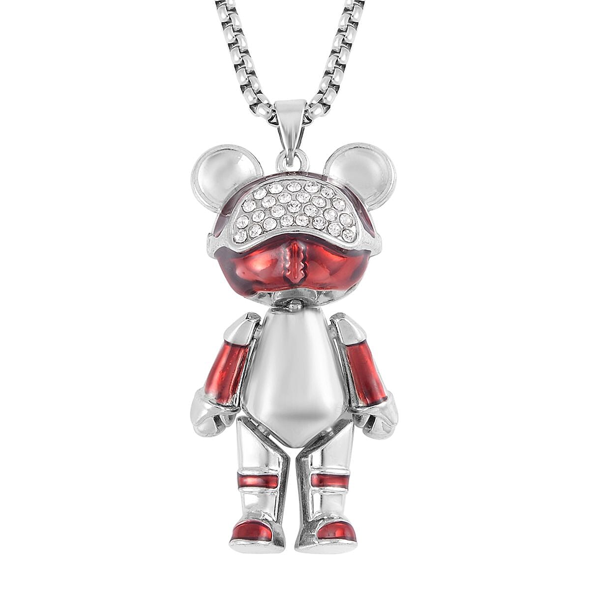 Austrian Crystal, Enameled Bear Pendant Necklace 28 Inches in Silvertone & Stainless Steel image number 0