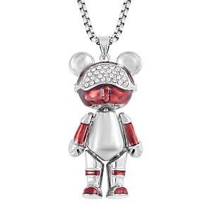Austrian Crystal, Enameled Bear Pendant Necklace 28 Inches in Silvertone & Stainless Steel