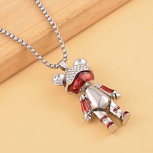 Austrian Crystal, Enameled Bear Pendant Necklace 28 Inches in Silvertone & Stainless Steel