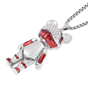 Austrian Crystal, Enameled Bear Pendant Necklace 28 Inches in Silvertone & Stainless Steel