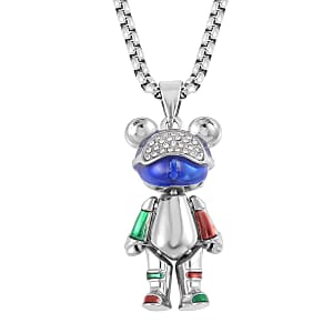 Austrian Crystal and Enameled Bear Pendant in Silvertone with Stainless Steel Necklace 28 Inches