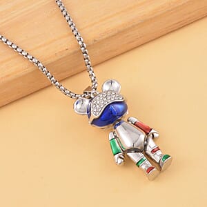 Austrian Crystal and Enameled Bear Pendant in Silvertone with Stainless Steel Necklace 28 Inches