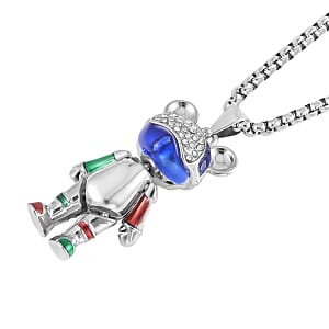 Austrian Crystal and Enameled Bear Pendant in Silvertone with Stainless Steel Necklace 28 Inches