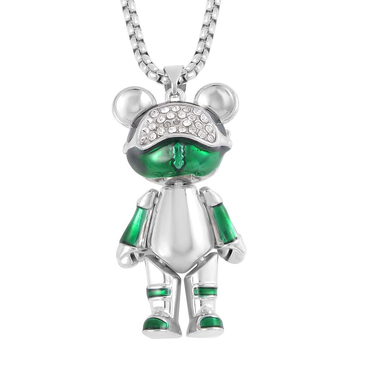 Austrian Crystal and Enameled Bear Pendant in Silvertone with Stainless Steel Necklace 28 Inche 