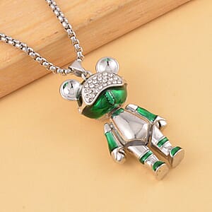 Austrian Crystal and Enameled Bear Pendant in Silvertone with Stainless Steel Necklace 28 Inche 