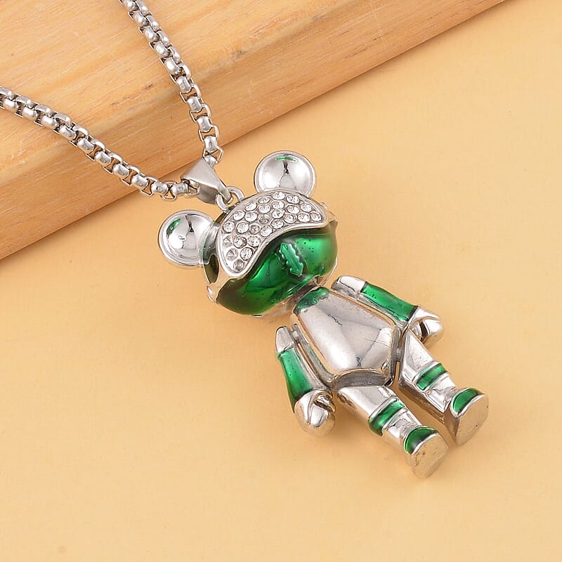Austrian Crystal and Enameled Bear Pendant in Silvertone with Stainless Steel Necklace 28 Inche