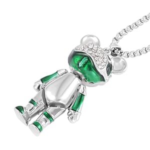 Austrian Crystal and Enameled Bear Pendant in Silvertone with Stainless Steel Necklace 28 Inche 