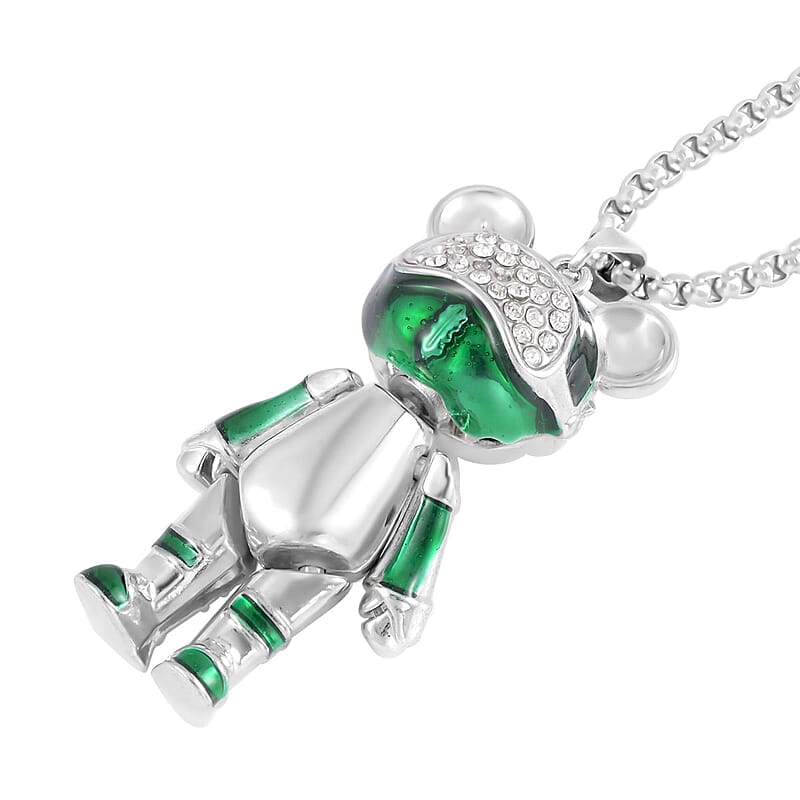 Austrian Crystal and Enameled Bear Pendant in Silvertone with Stainless Steel Necklace 28 Inche