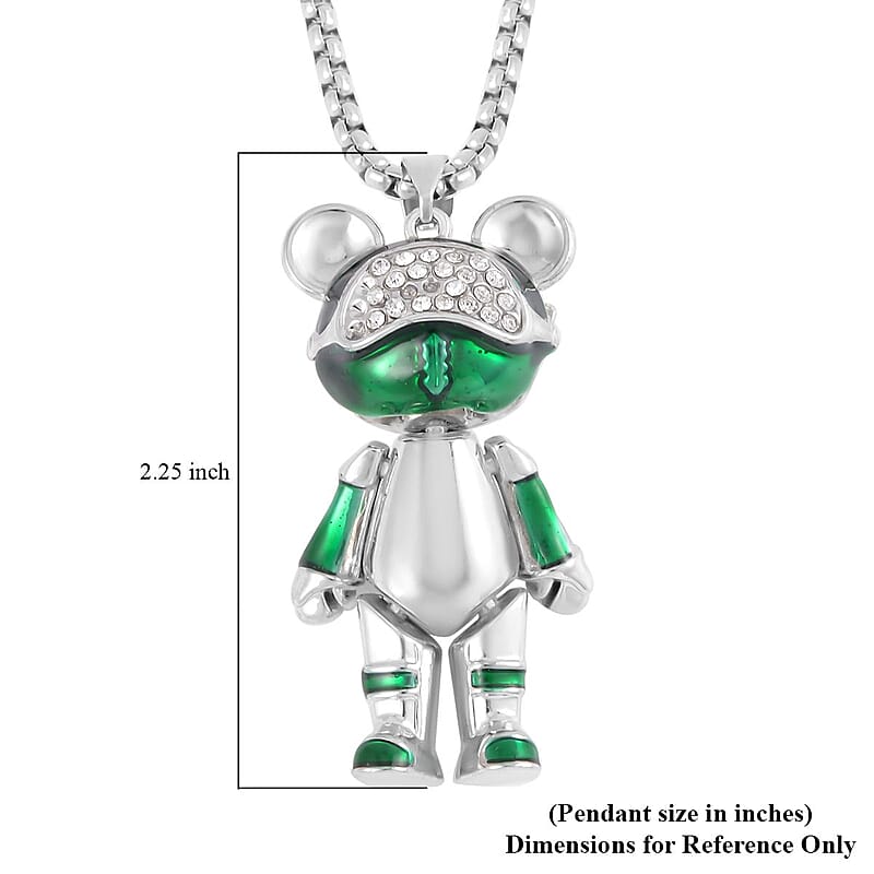 Austrian Crystal and Enameled Bear Pendant in Silvertone with Stainless Steel Necklace 28 Inche
