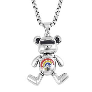 Enameled Bear Pendant in Silvertone with Stainless Steel Necklace 28 Inches
