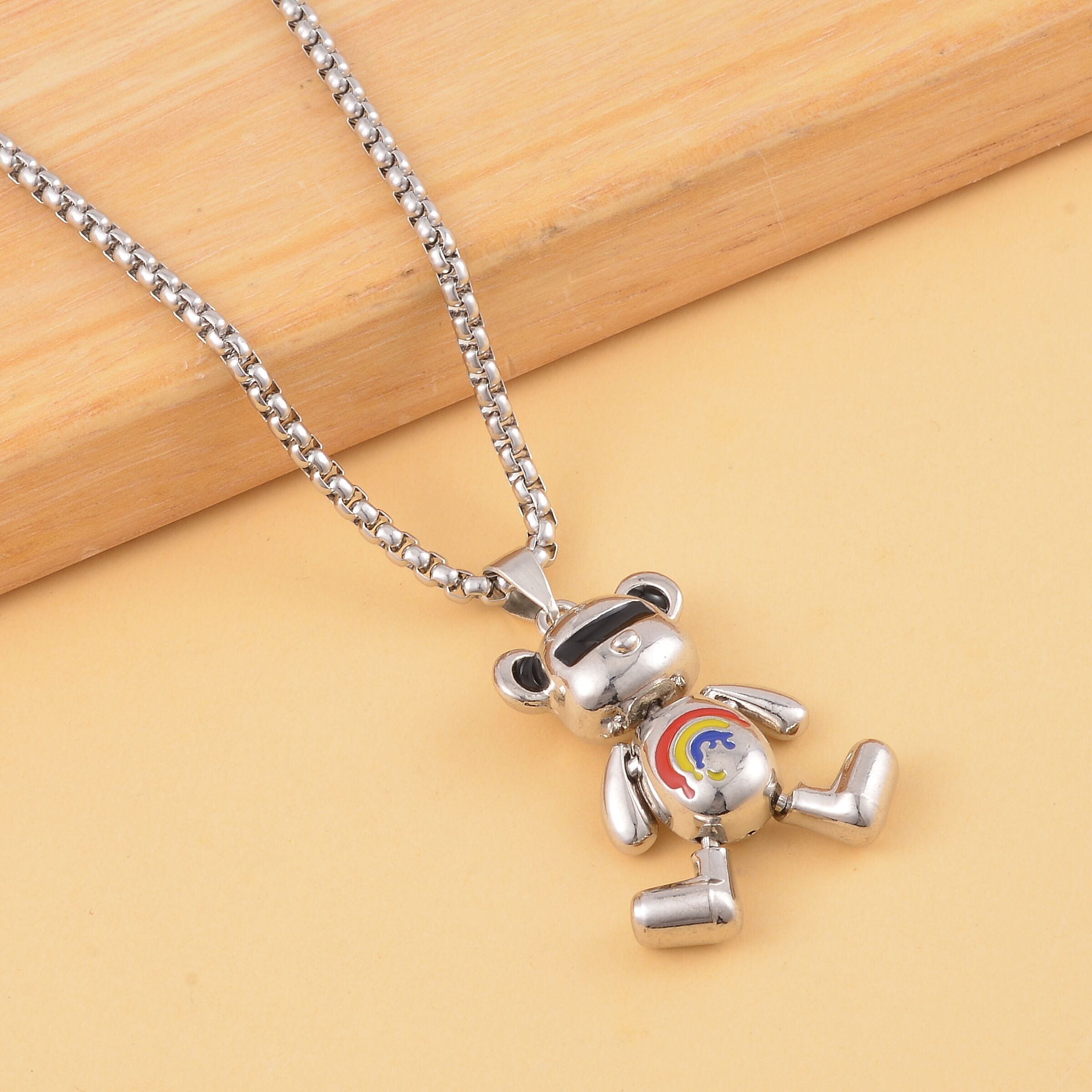 Enameled Bear Pendant in Silvertone with Stainless Steel Necklace 28 Inches