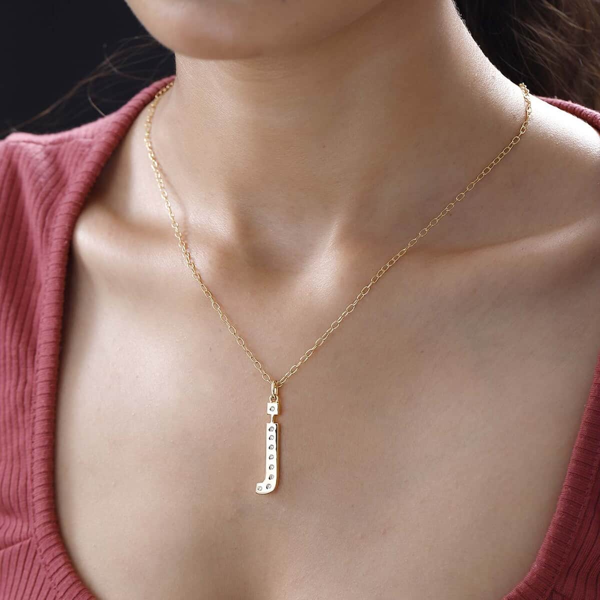 Moissanite Initial J Pendant with Cable Chain 20 Inches in Vermeil Yellow Gold Over Sterling Silver 0.12 ctw image number 2