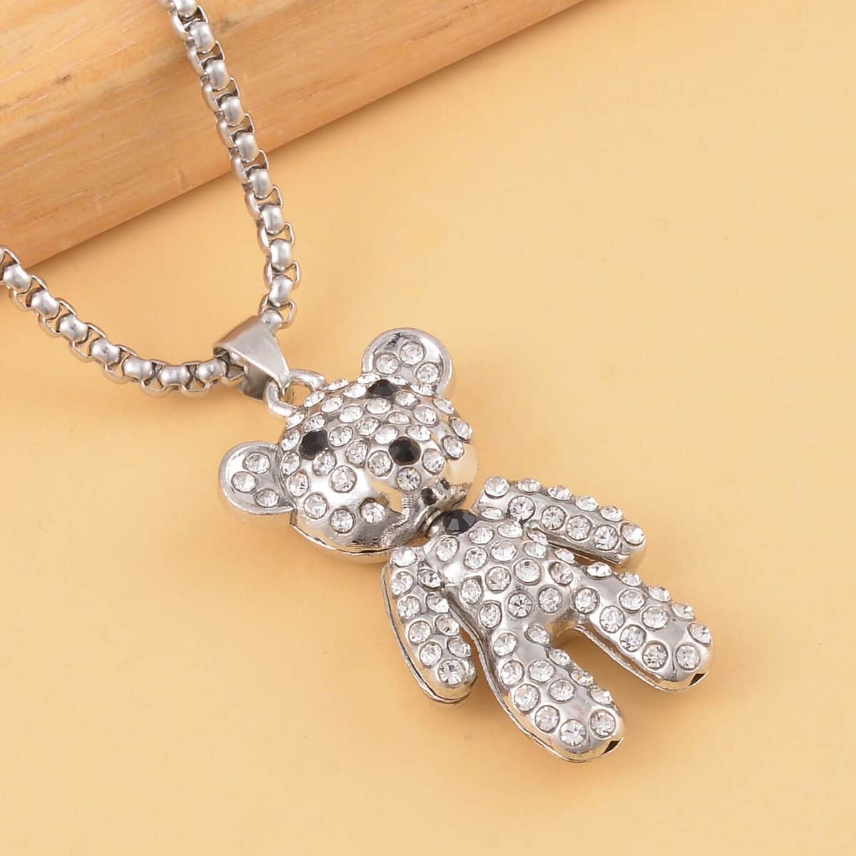 Black and White Austrian Crystal Bear Pendant in Silvertone with Stainless Steel Necklace 28 Inches image number 1