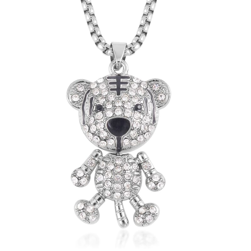 Black and White Austrian Crystal, Enameled Bear Pendant in Silvertone with Stainless Steel Necklace 28 Inches