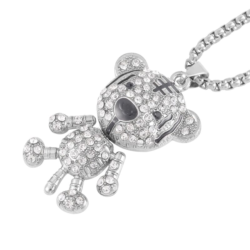 Black and White Austrian Crystal, Enameled Bear Pendant in Silvertone with Stainless Steel Necklace 28 Inches