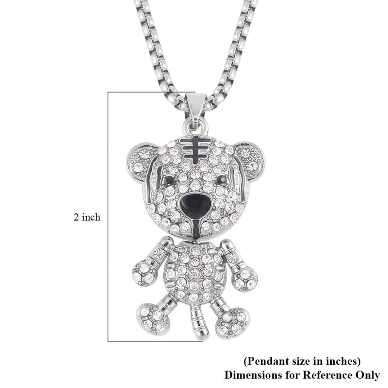 Black and White Austrian Crystal, Enameled Bear Pendant in Silvertone with Stainless Steel Necklace 28 Inches