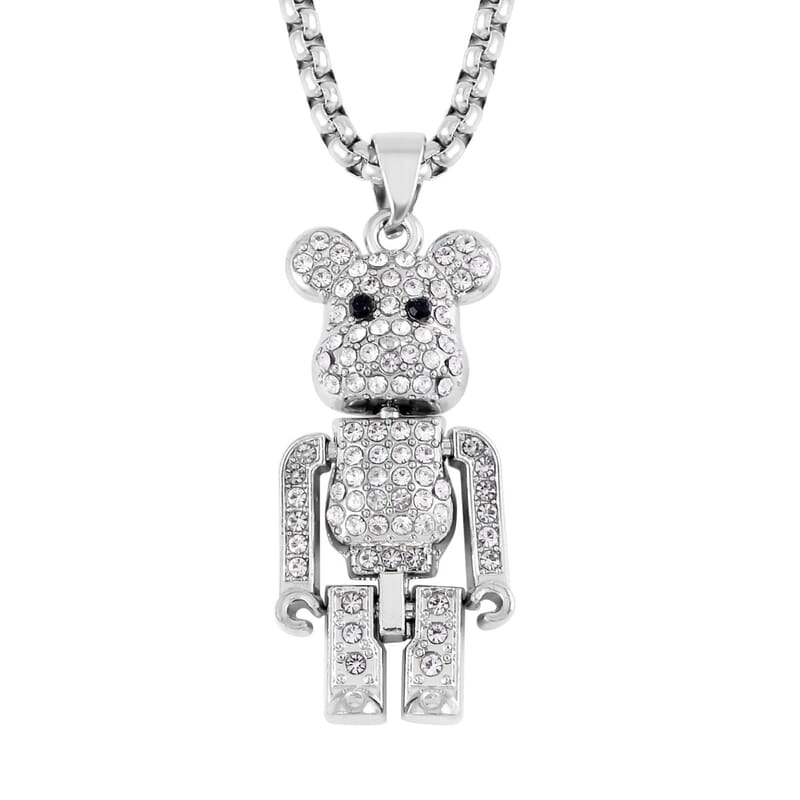 Black and White Austrian Crystal Bear Pendant in Silvertone with Stainless Steel Necklace 28 Inches