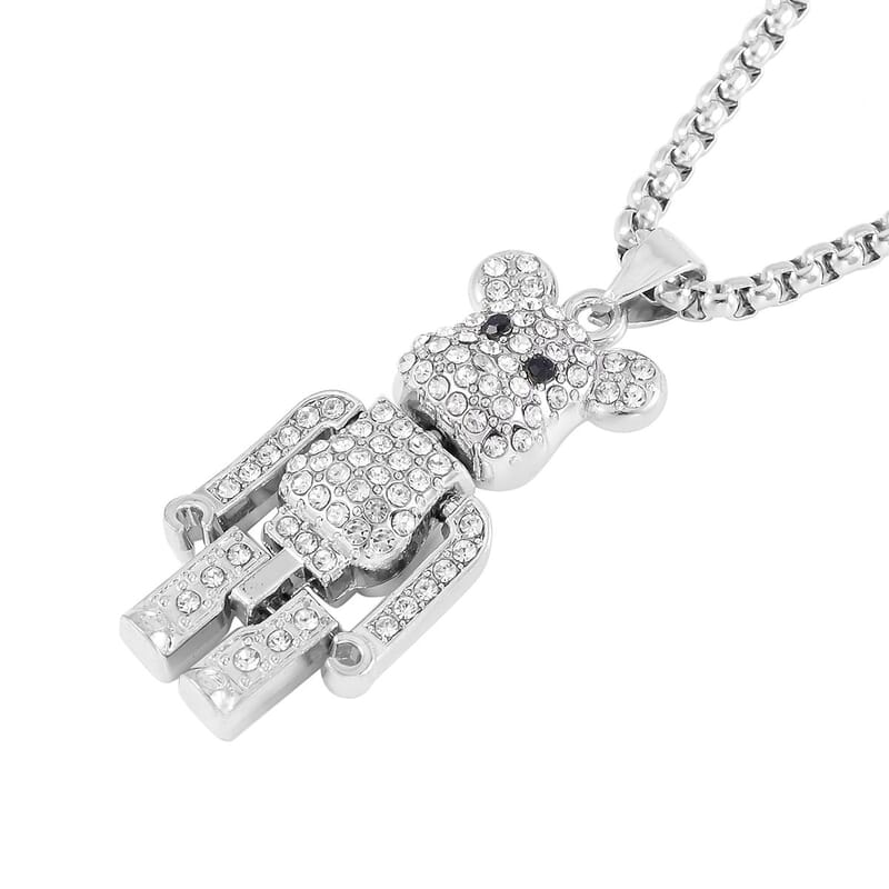 Black and White Austrian Crystal Bear Pendant in Silvertone with Stainless Steel Necklace 28 Inches
